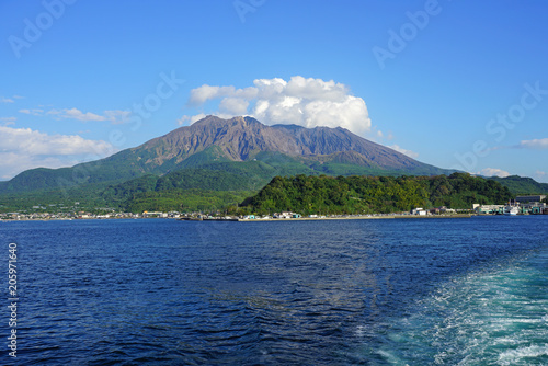 View of the Sakurajima (cherry blossom island), an active volcano seen from Kagoshima in Kyushu, Japan