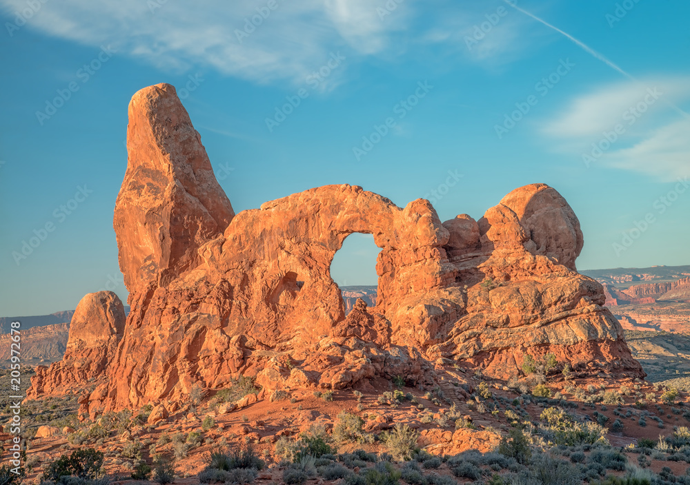 Turret Arch at Sunrise - Rock Formations in Arches National Park, Moab, Utah
