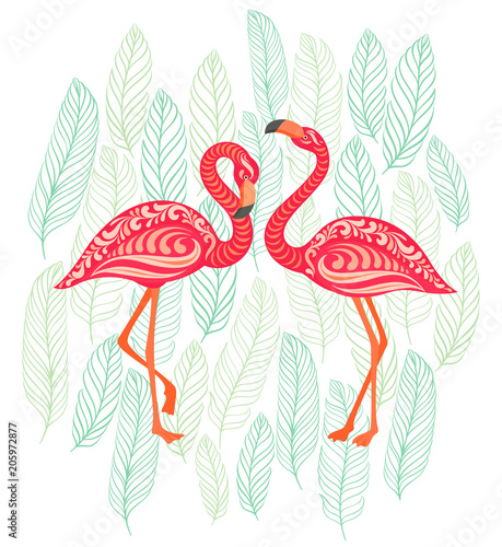 Pink Flamingo ornaments on a background of tropical leaves. 