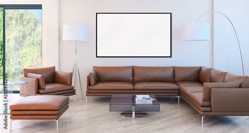 Modern bright interiors apartment with mockup poster frame 3D rendering illustration Modern bright interiors apartment with mockup poster frame 3D rendering illustration