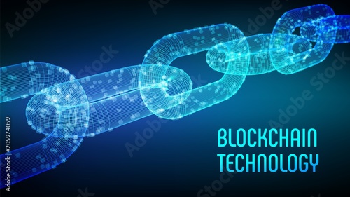 Block chain. Crypto currency. Blockchain concept. 3D wireframe chain with digital blocks. Editable cryptocurrency template. Stock vector illustration.