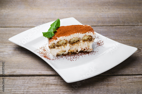 Tiramisu cake, traditional dessert on porcelain plate. Italian cuisine, pastry, confectionery, restaurant menu