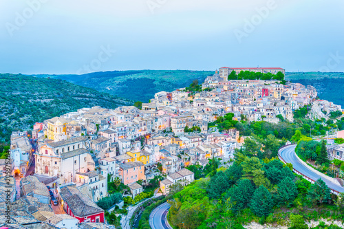 Sunset view of old town of the sicilian city Ragusa Ibla, Italy