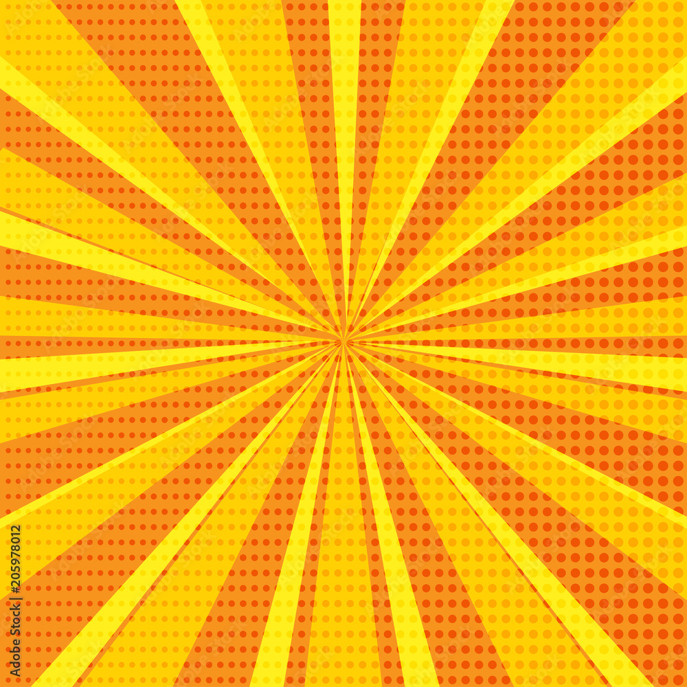 Fototapeta premium Pop art abstract background with bright orange sunbeams and halftone dots. Vector illustration