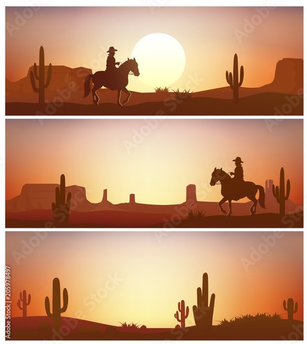 Cowboy riding horse against sunset background. Wild Western silhouettes banners