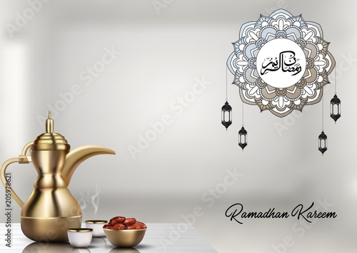 Ramadan Kareem background. Iftar party celebration with traditional arabic dishes and arabic calligraphy
