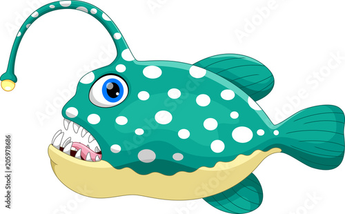 Funny cartoon anglerfish isolated on white background