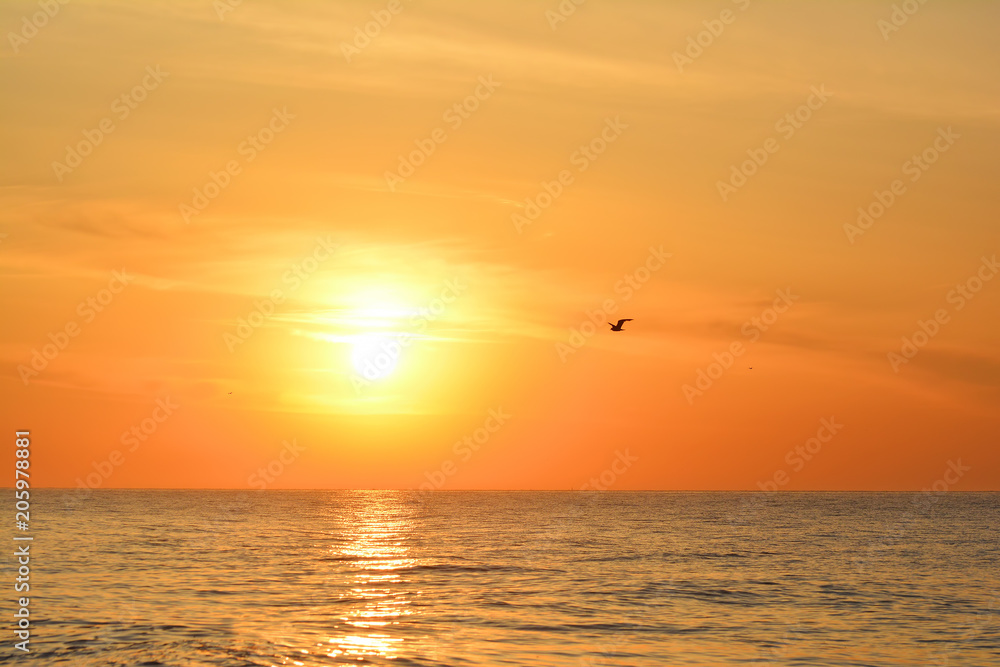 Sunrise at the sea. Seascape of the morning dawn. Early morning on the beach.