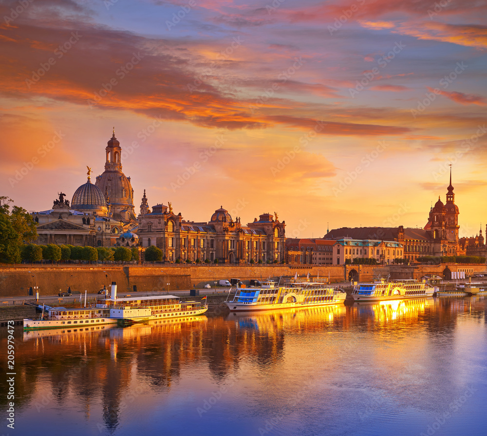Dresden skyline and Elbe river in Saxony Germany
