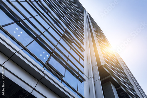 Bottom view of office building window close up