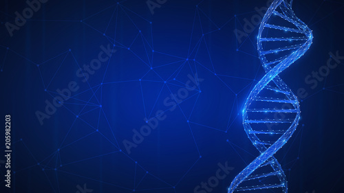 DNA technology futuristic hud background with spiral chain of nucleotides. Health, medicine, chemistry, biotechnology, biological data transfer and DNA molecules structure concept. Low poly design.