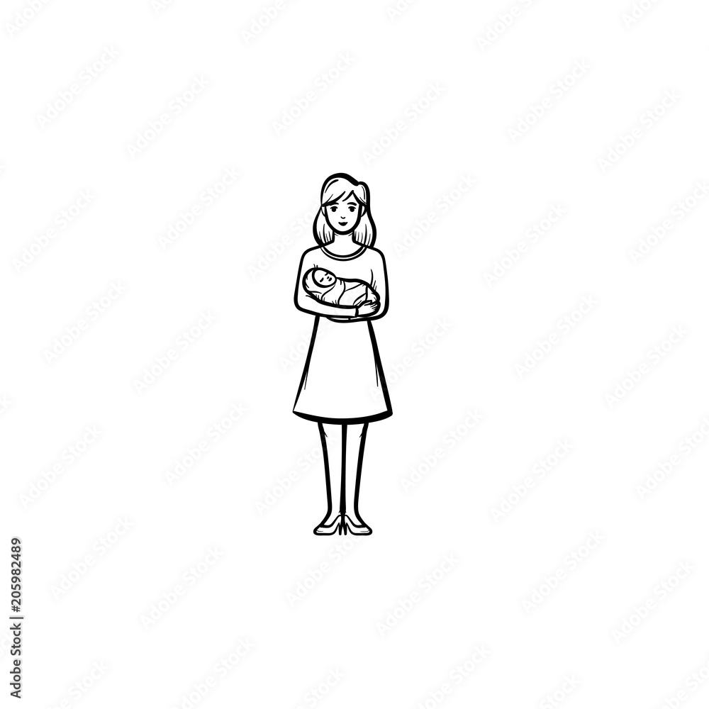 A mother holding newborn baby hand drawn outline doodle icon A mother holding newborn baby hand drawn outline doodle icon