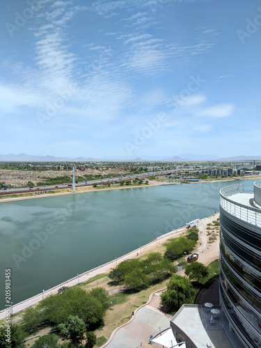 Bird-eye view at Sail River Lake toward northern Phoenix mountain range, Tempe, AZ.