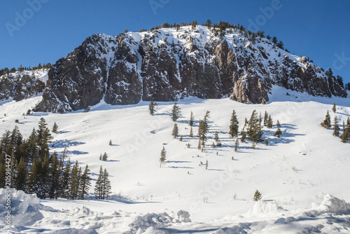 View of the snow-covered hill with pine trees in Mammoth Lakes, California © NatalieJean