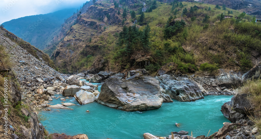 Panorama of a mountain river in Nepal.