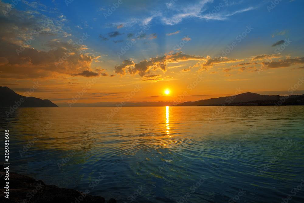 Montreux sunset skyline in Leman Geneva Swiss Montreux sunset skyline in Leman Geneva Swiss