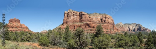 Panorama view of Bell Rock and Courthouse Butte from Red Rock Scenic Byway in Sedona  Arizona