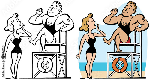 A muscular male lifeguard is admired by a blonde woman in a swimsuit.