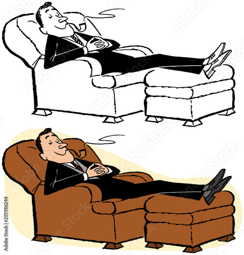A man relaxes and smokes a pipe in his lounge chair and ottoman. 