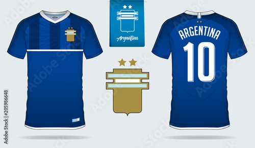 Set of soccer jersey or football kit template design for Argentina national football team. Front and back view soccer uniform. Football t shirt mock up. Vector Illustration
