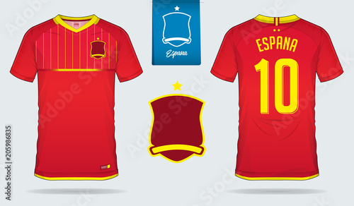 Set of soccer jersey or football kit template design for Spain national football team. Front and back view soccer uniform. Football t shirt mock up. Vector Illustration