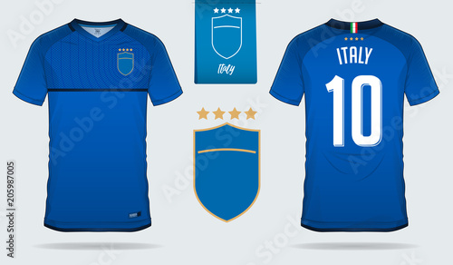 06Set of soccer jersey or football kit template design for Italy national football team. Front and back view soccer uniform. Football t shirt mock up. Vector Illustration