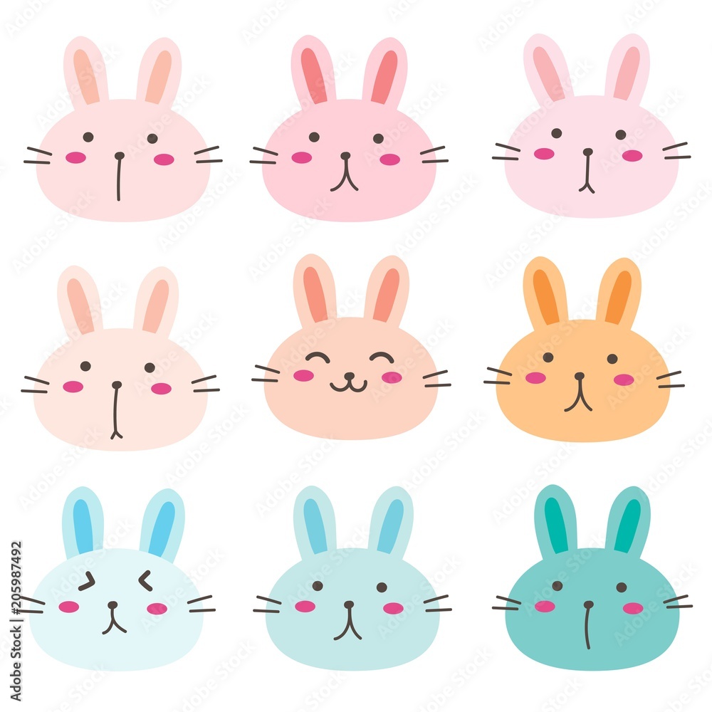 Hand Drawn Bunny Cute Characters Set. Vector Illustration.