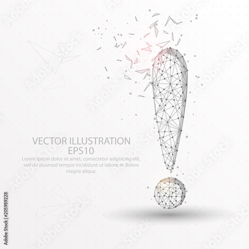Exclamation mark digitally drawn low poly wire frame on white background.