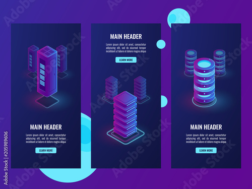 isometric set vertical banner, servr room vector, data center and cloud storage, database warehouse, big data