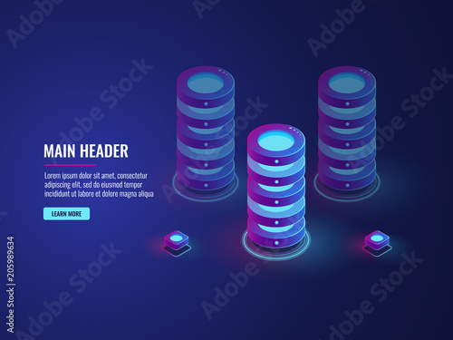 isometric database cloud storage concept, server room icon, bigdata processing vector dark ultra neon