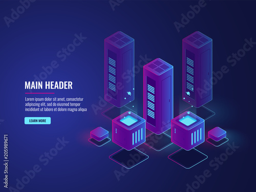 isometric server room, web hosting services conceptual banner, data encryption and protection center