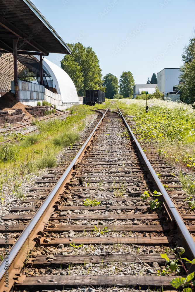 Fototapeta premium old railway track in the city under the sun