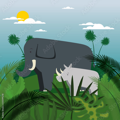 wild animals in the jungle scene vector illustration design