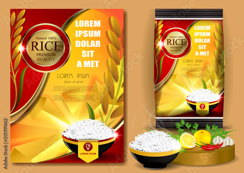 Golden and Red Rice Package Thailand food Logo Products and Fabric Background Thai frame Arts