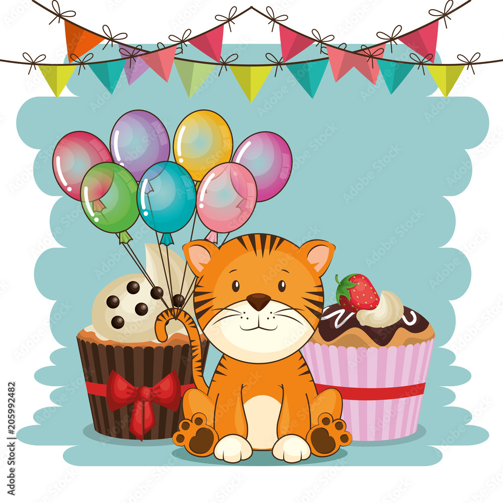 Obraz premium happy birthday card with cute tiger vector illustration design