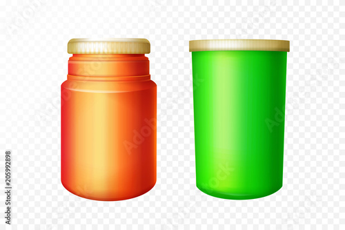 Vector red and green medical bottles set on transparent background. 3d containers for pharmaceutical drugs, pills and supplements. Realistic healthcare medications packaging template.