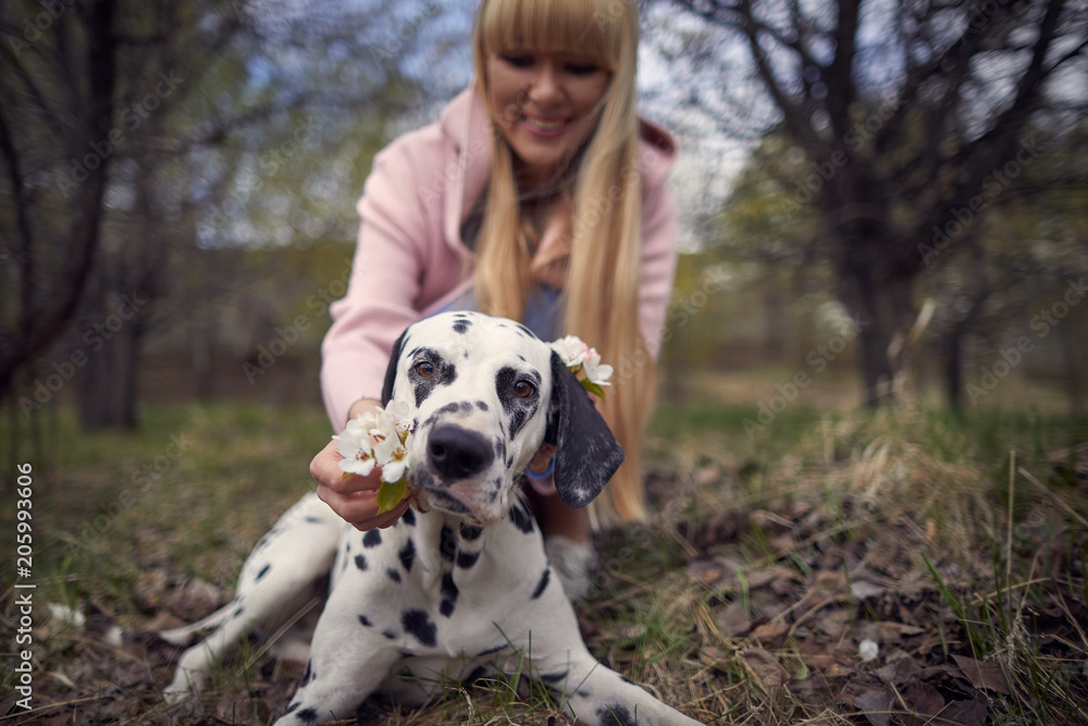Spring bloom concept. Girl on dreamy face, tender blonde near violet flowers of judas tree, nature background. Spring bloom concept. Girl on dreamy face, tender blonde near violet flowers of judas tree, nature background.