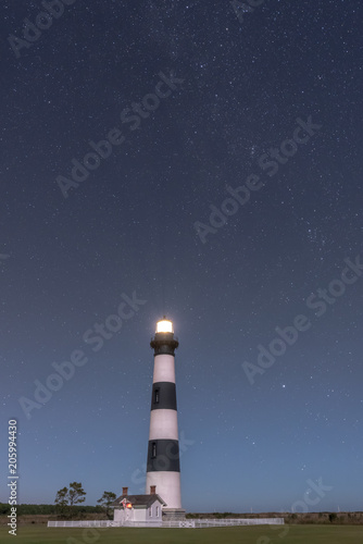 NAGS HEAD, NC - OCTOBER 27, 2017: The Bodie Island Lighthouse shines beneath a canopy of stars near Nags Head, NC on October 27, 2017.