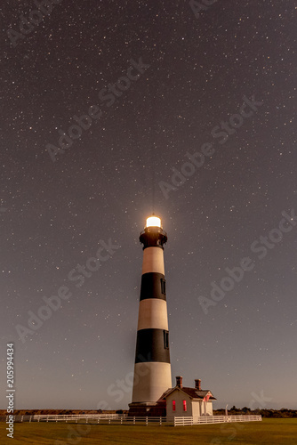 NAGS HEAD, NC - OCTOBER 27, 2017: The Bodie Island Lighthouse shines beneath a canopy of stars near Nags Head, NC on October 27, 2017.