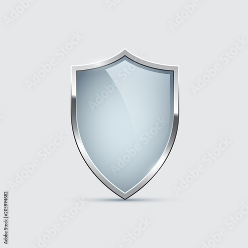 Glass shield with silver frame isolated on gray background. Vector design element.