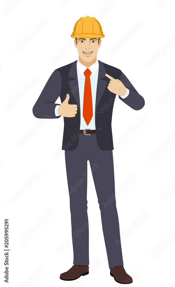 Self promotion. Businessman in construction helmet pointing the finger at himself and showing thumb up Self promotion. Businessman in construction helmet pointing the finger at himself and showing thumb up