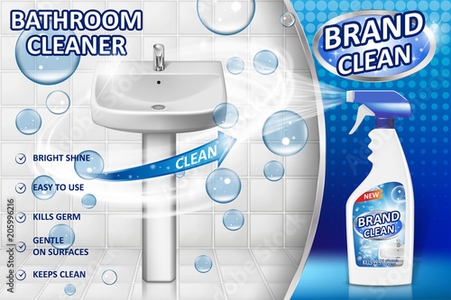 Bathroom cleaners ad poster, spray bottle mockup with liquid detergent for bathroom sink and toilet with bubbles and white background. 3d Vector illustration