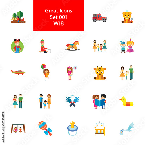 Childhood symbols, toy and family icon set