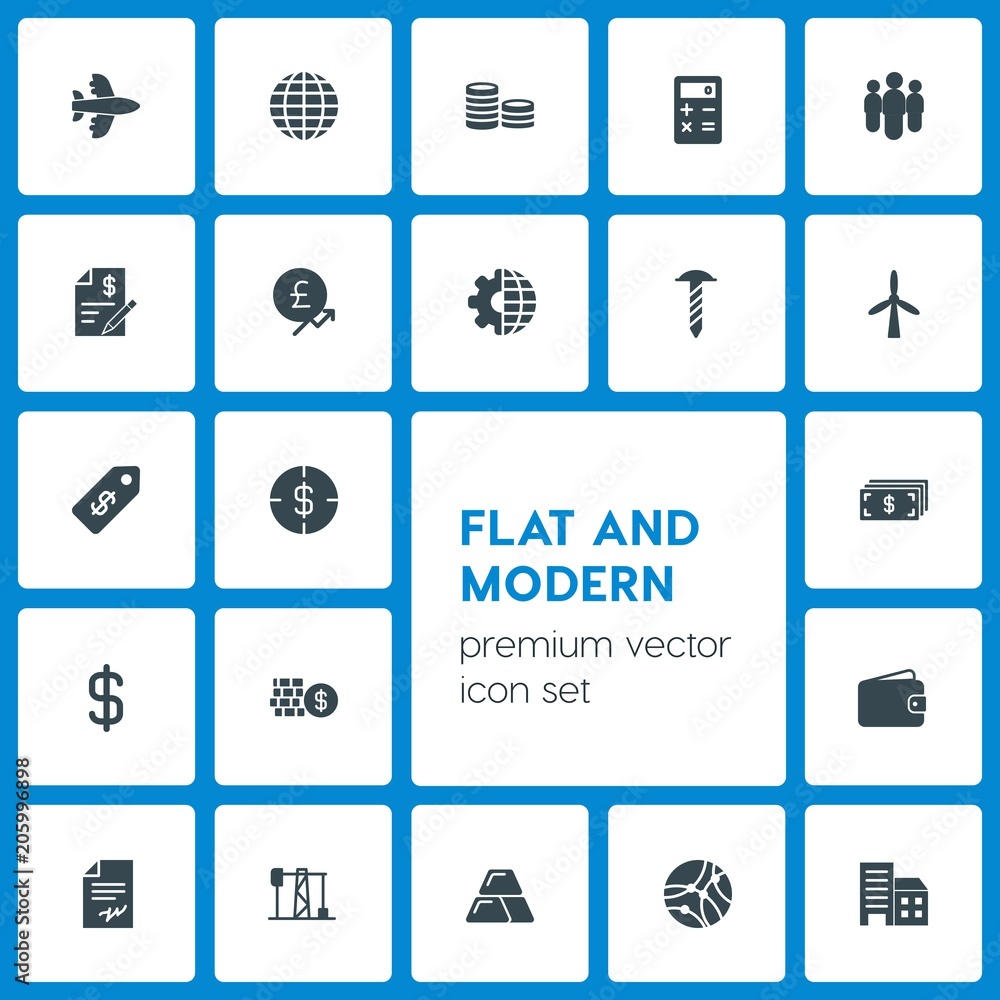 Modern Simple Set of business, transports, industry, money Vector fill Icons. Contains such Icons as  industrial,  earth,  button,  plane and more on dark background. Fully Editable. Pixel Perfect