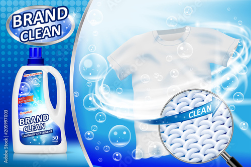 Laundry detergent ad poster. Stain remover package design for advertising with soap bubbles and closeup fiber structure. Washing detergent banner with clean shirt. Vector illustration photo