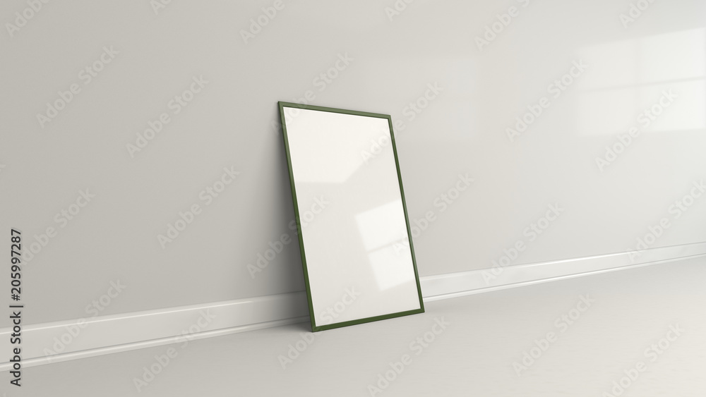 Blank white poster in colorful frame standing on the floor Blank white poster in colorful frame standing on the floor