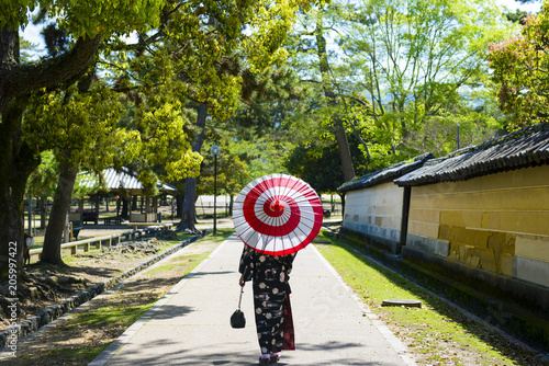 奈良公園を歩く着物女性