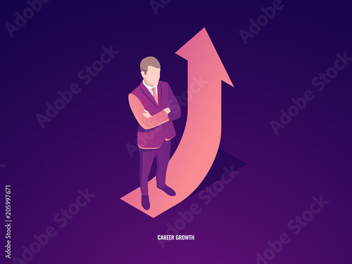 Businessman stay on arrow up, career growth, business success isometric vector