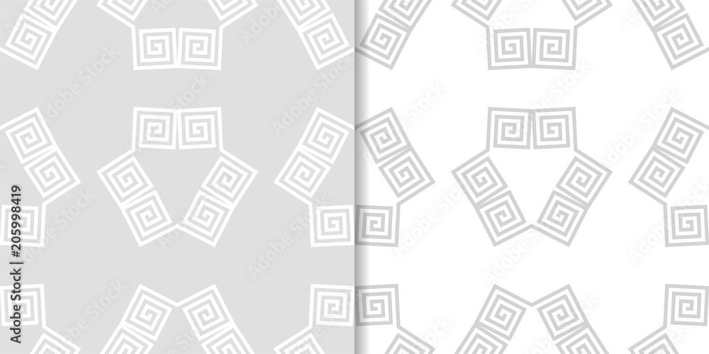 Light gray geometric ornaments. Set of seamless patterns