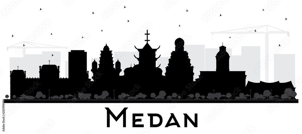Medan Indonesia City Skyline Silhouette with Black Buildings Isolated on White.